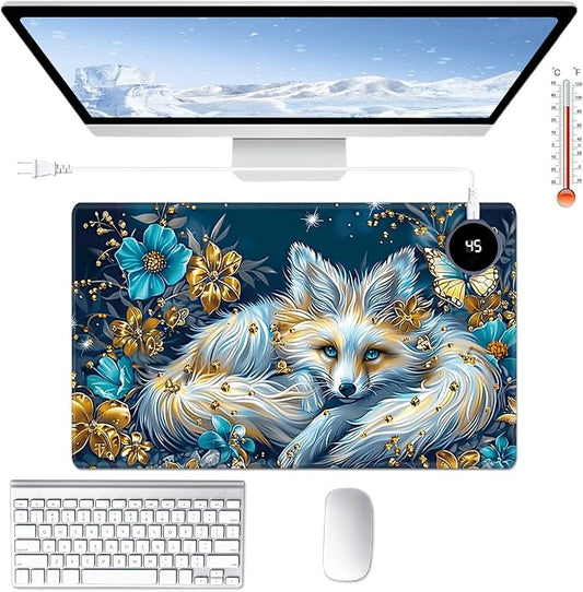 Heated Desk Pad Large Mouse Pad 23.6 x 14.1 inch with 3 Levels Heating & Auto Shut-Off Warm Mouse pad PU Leather Computer Mousepad for Home Office Work - White Fox and Butterflies