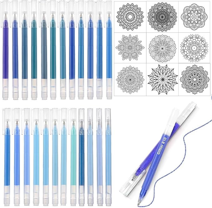 Blue Gel Pens Set,24 Colored Gel Pens Glitter Metallic Pastel Morandi Neon Color Gel Pen More Ink Colored Gel Pens for Drawing, Doodling, Scrapbook, Journaling