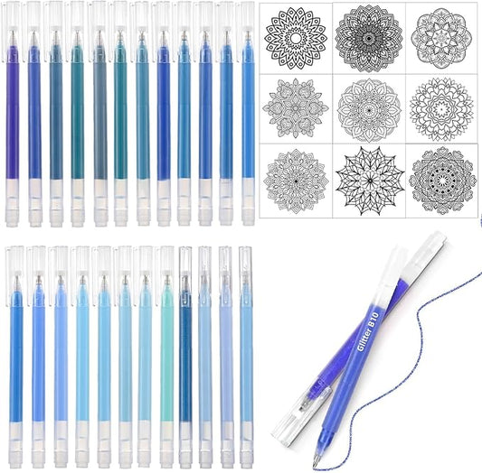 Blue Gel Pens Set,24 Colored Gel Pens Glitter Metallic Pastel Morandi Neon Color Gel Pen More Ink Colored Gel Pens for Drawing, Doodling, Scrapbook, Journaling
