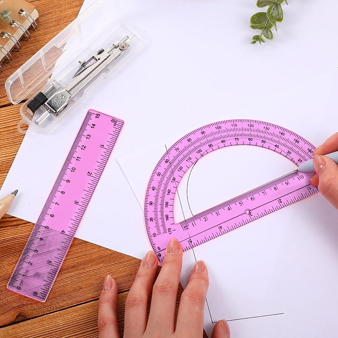 Zonon 3 Pcs Plastic Ruler 6 Inch Protractor Drawing Compass Set, Student Geometry Math Transparent Measuring Tools for Home School Classroom Office Supplies(6 Inch,Pink)