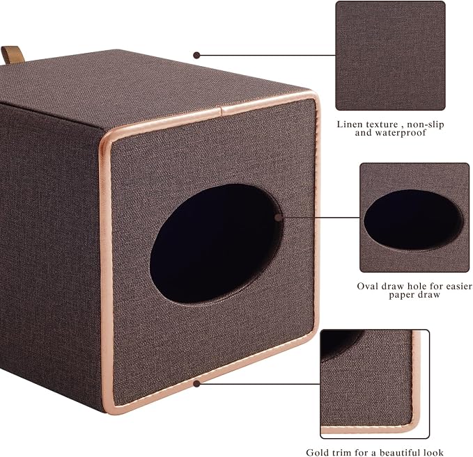 Linen Square Tissue Box Cover,Cube Tissue Box Holder－Excellent Rosegold Leather Decoration,Table Napkin Case Dispenser,Facial Tissues Organizer with Magnetic Bottom for Home Office Car(Coffee)