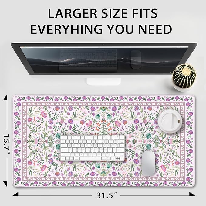 Purple Floral Desk Mat, 31.5"x15.7" Large Mouse Pad, Anti-Slip Rubber Base Keyboard Pad with Stitched Edges, Water-Resistant Smooth Desk Blotter, Computer Mat for Home Office Desk