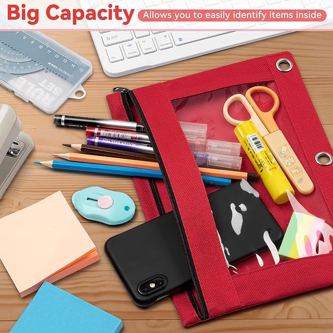 V-Opitos Pencil Pouch for 3 Ring Binder, Bulk 6 Pack 3-Holes Zipper Pencil Pouches in Assorted Colors, Sturdy and Durable Cloth Pencil Case with Clear Window for Office School College Supplies