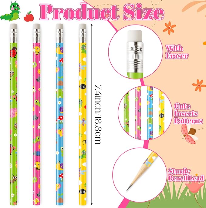 Xqumoi 60Pcs Insects Pencils with Eraser - Spring Butterfly Bee Ladybug #2 HB Pencils, School Classroom Student Rewards Office Supply Holiday Gift Goodie Bag Fillers Stuffers Party Favors