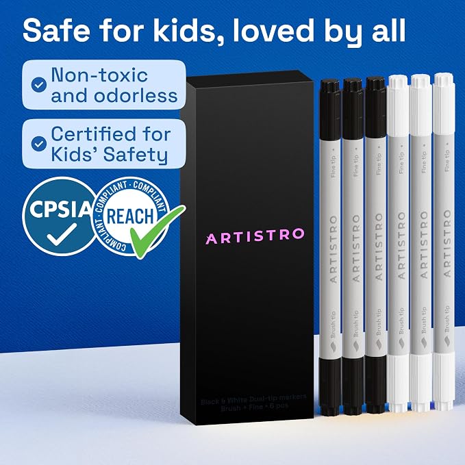 ARTISTRO Acrylic Paint Pens – Dual Tip Markers – Brush & Fine Tip Paint Pens for Calligraphy, Crafts, Greeting Cards, Ornament Decor, DIY Art (Black&White)