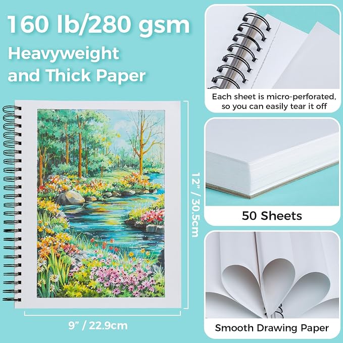 Ohuhu 9"x12" Double-Sided Bleedproof Marker Pad Art Sketchbook 50 Sheets | Large Sketch Book - 160 LB/280 GSM Smooth Drawing Paper - 50 Sheets/100 Pages - Spiral-Bound Sketch Pad for Alcohol Markers