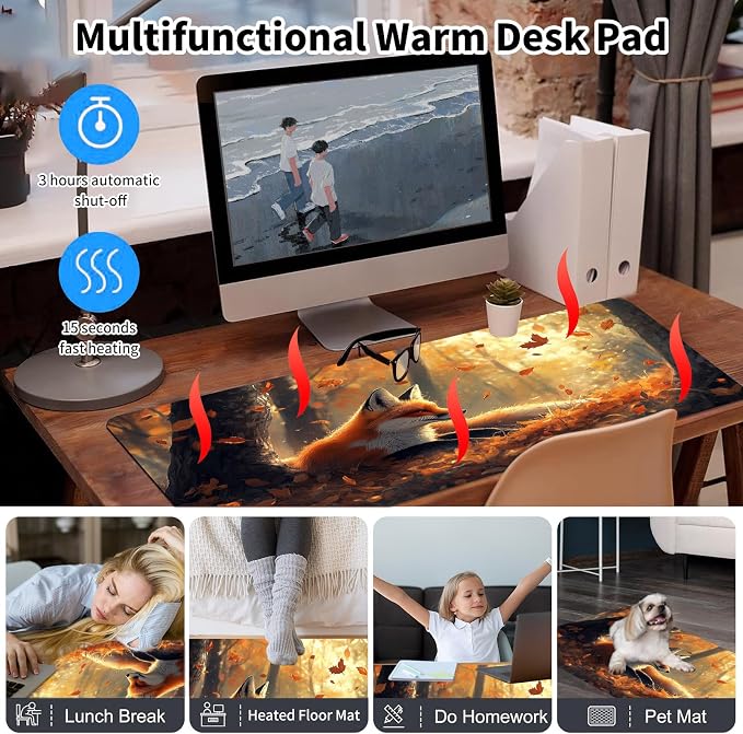Warm Desk Pad,Heated Desk Pad,Office Mat,3 Heating Levels & 3 Hours Auto Shut-Off,31.5"*13" Gaming Mouse Laptop Keyboard Leather Desk Mat,Cute Fox Forest