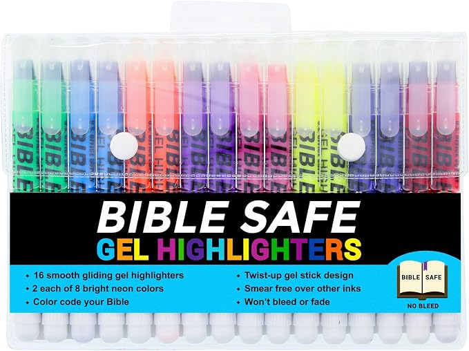 U.S. Office Supply Bible Safe Highlighter Set of 16, 2 Sets of 8 Bright Flouresent Colors, Dry Bible Highlighters No Bleed, Fade or Smear, Safe Gel Markers, Accessories, Study Guide