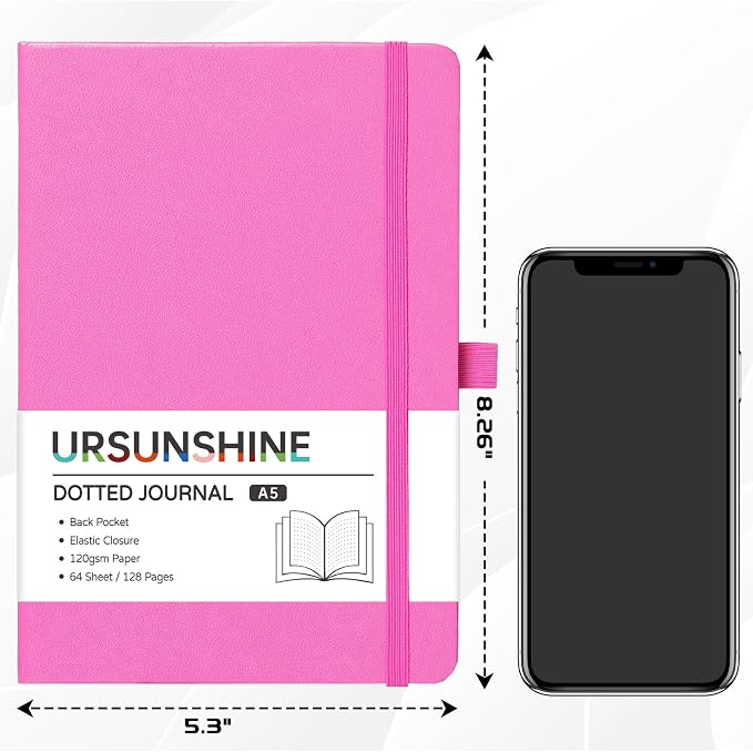 Dotted Journal/Notebook - Dot Grid Hard Cover Notebook, Premium Thick Paper with Fine Inner Pocket, Black Smooth Faux Leather, Pen Loop, 5.3'' x 8.26'' - Raspberry