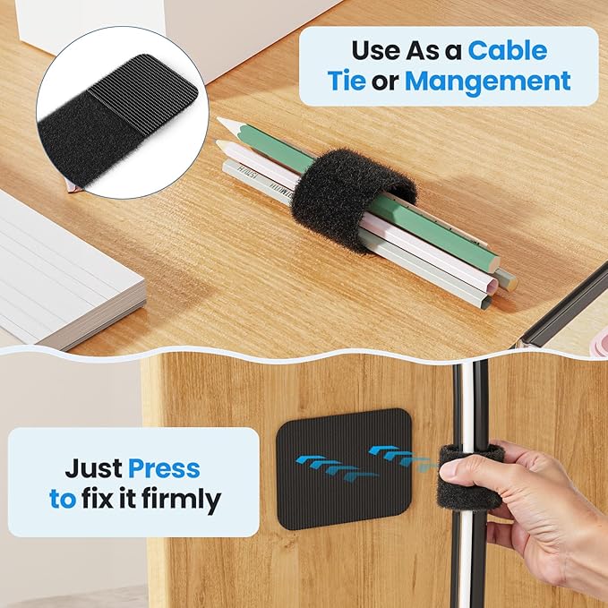 Cable Management Under Desk, Enhanced up to 15 Cord Organizer 20 Pair-Black | Reusable, No Residue Left, Adjustable Hook and Loop Cable Ties, Wire Hider Under Table, Home Office Essentials