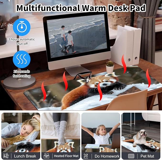 Warm Desk Pad,Heated Desk Pad,Office Mat,3 Heating Levels & 3 Hours Auto Shut-Off,31.5"*13" Gaming Mouse Laptop Keyboard Leather Desk Mat,Cute Raccoon Snow