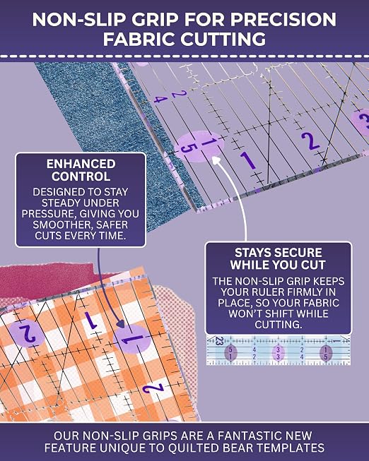 The Quilted Bear Small Quilting Ruler Bundle, 2.5", 3.5", 4.5", 5.5" & 6.5" | 5 Square-Ruler Assortment, Transparent Acrylic, Non Slip, Clear Black Lines, 30, 45 & 60 Degree Angles, for Patchwork, Sewing