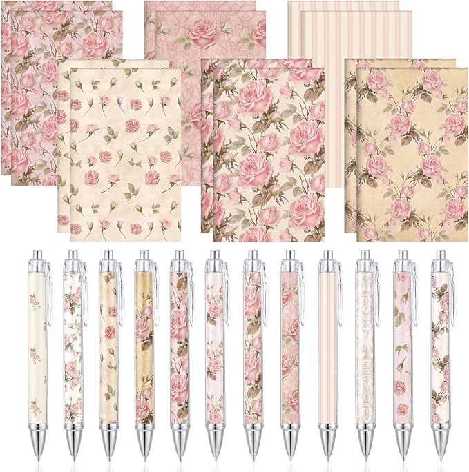 Motiskyy 24 Pcs Vintage Rose Pink Floral Pens Flower Ballpoint Pens Flower Notepads Set Design Line Notebook Employee Gifts Set for Student School Office Supplies, Back to School Gift