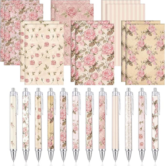 Motiskyy 24 Pcs Vintage Rose Pink Floral Pens Flower Ballpoint Pens Flower Notepads Set Design Line Notebook Employee Gifts Set for Student School Office Supplies, Back to School Gift