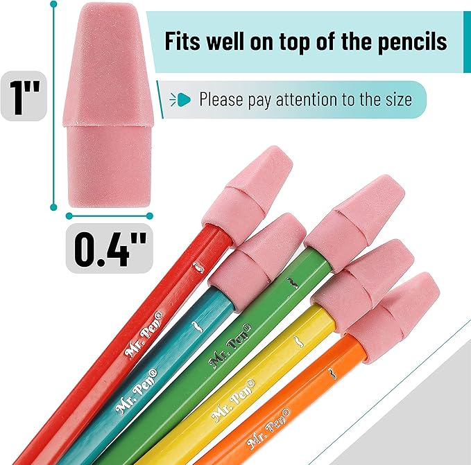 Mr. Pen- Pencil Top Erasers, 120 Pack, Pink, Latex-Free | No-Smudge Cap Pencil Erasers for Precise Erasing, Kids, Teachers, Studying Supplies