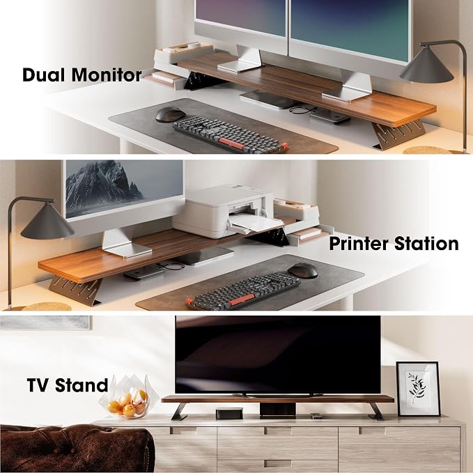 Fenge Monitor Stand Riser, Wooden & Metal Desk Shelf Organizer, Brown | 42.5 Inch Dual Monitor Riser for 2 Monitors, Multifunctional Monitor Shelf for Laptop, PC, Printer