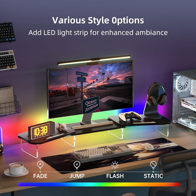 AFOOYO LED Dual Monitor Stand Riser for 2 Monitors,Office Desktop Wooden Stand Adjustable Length and Angle 3 Shelf,Extra Long Multifunctional Stand up to 39.3" for Computer,Laptop,TV,Black