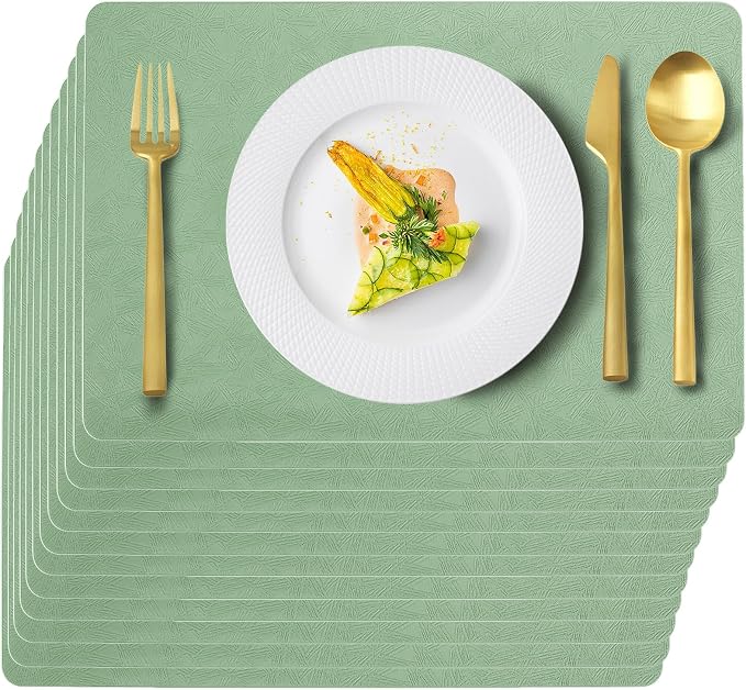 Green Plastic Placemats Set of 12, Faux Leather Waterproof Table Mats | Green Vinyl placemats,Wipeable and heat resistant table mats.Easy to clean,great for indoor and outdoor