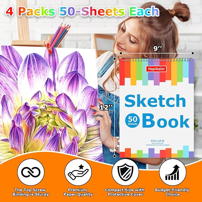 9" x 12" Sketch Book, 4-Pack 50 Sheets Spiral Bound Art Sketchbook, Acid Free Artist Drawing Paper Pad