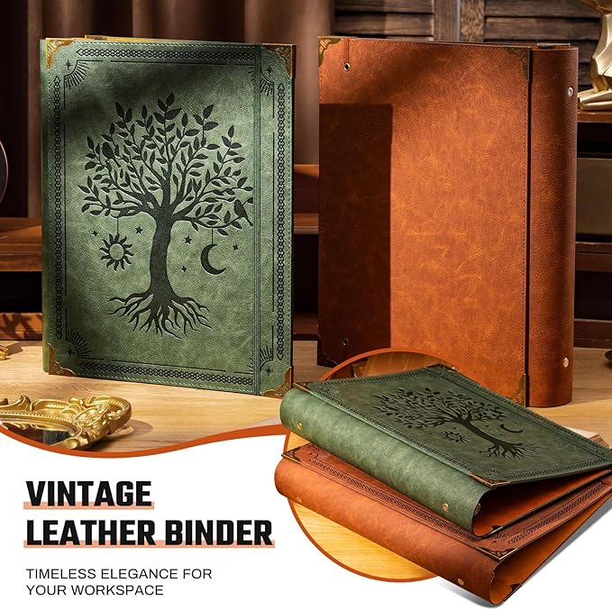 Ovesmusl PU Leather 3 Ring Binder Fits 8.5"x11" Letter Size Paper, 2 Inch Round Ring Binder Holds 500 Sheets, Notepad Paper Cover Loose Leaf Organizer, Brown Tree
