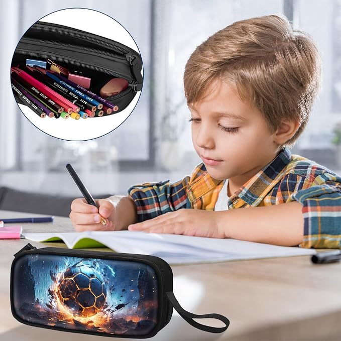 TILYTADLY Large Pencil Case for Boys - Soccer Boys Pencil Pouch with Zipper Compartments - Big Capacity Pen Box Pen Bag Organizer with Keychain for Kids Teens School