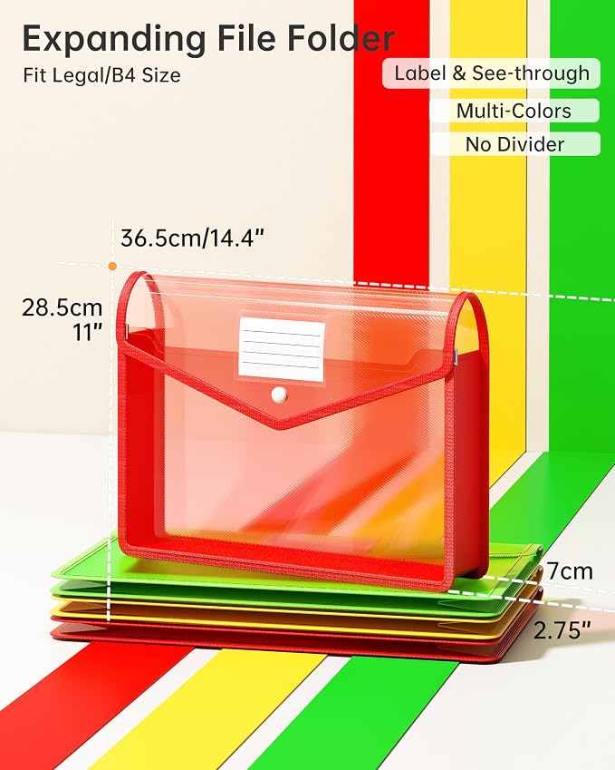 Plastic Expanding File Folder, Transparent envelopes with Snap Closure | Large Capacity, No Dividers, Bills & Taxes, Fit Legal/B4 Size for School / Office / Home / Hospital, 3 Pack-3 Colors