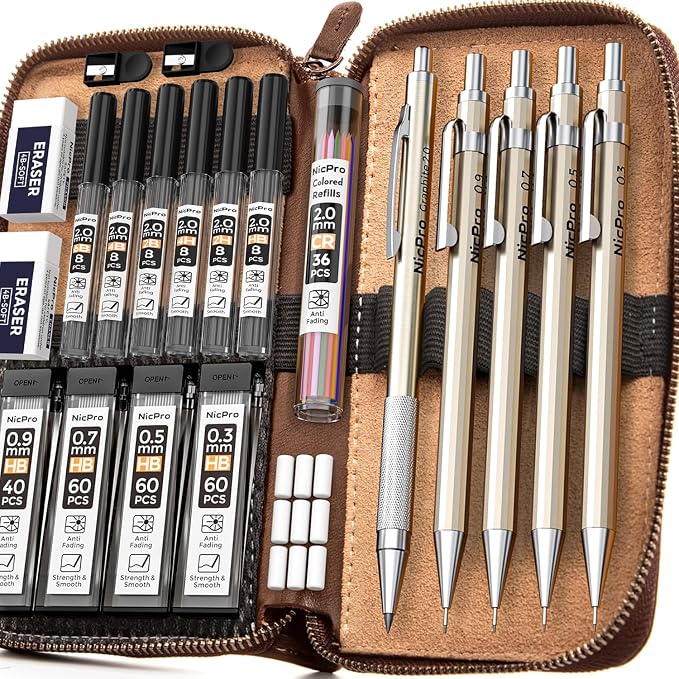 29PCS Metal Mechanical Pencil Set, Professional Drawing Kit in Leather Case | Mechanical Pencil Pack: 0.3 0.5 0.7 0.9 2mm Pencil Holder, (6B 4B 2B HB 2H 4H) Lead, Erasers, for Art Drafting Sketching