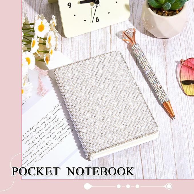 Resholder Rhinestone Pen & Glitter Notebook Set, Hard Cover Bling Diary Journal for Girls, Cute School Supplies for Back to School, Sparkly Desk Accessories Gift for Women(Pearl,A5,White)