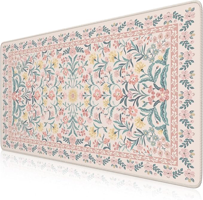 iCasso Pink Floral Desk Mat, Desk Pad, XXL Large Mouse Pad, Anti-Slip Big Mousepad with Stitched Edges, Computer Mouse Pads for Desktop Decor, Cute Office Desk Accessories for Women(Pink)