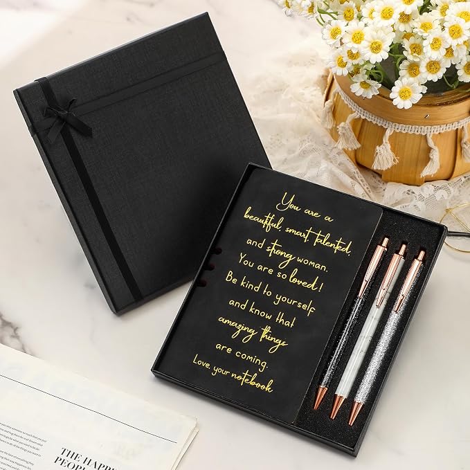 Resurhang 5 Pcs Inspirational Journal for Women Employee Appreciation Gift A6 Leather Journal Glitter Ballpoint Pen with Box for Back to School Teacher Coworker Female Secretary Nurse(Black)