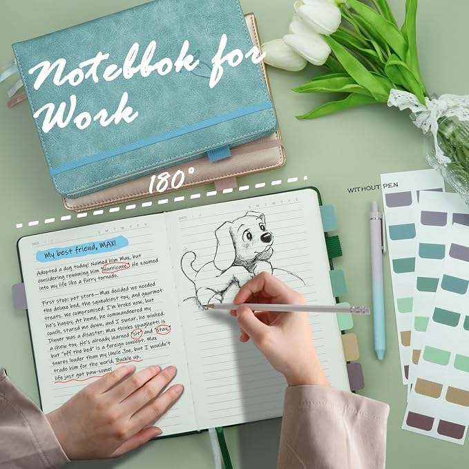 Hoci Poci 400 Pages Lined Journal Notebook, 5.8" x 8.4", Green | Thick Journal for Writing, A5 Hardcover Leather Notebook with 100Gsm College Ruled Paper for Women Men Work Note taking