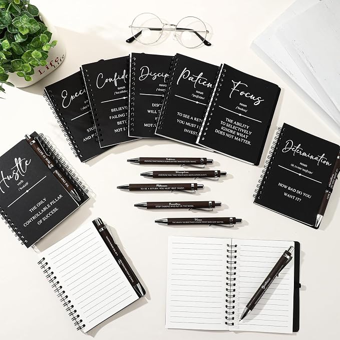 TecUnite 10 Sets Inspirational Spiral Notebooks with Bamboo Pens, Employee Appreciation Gifts for Teacher Nurse Police Correctional Officer Coworker, Graduation Thank You Notepad Journal Bulk (Black)