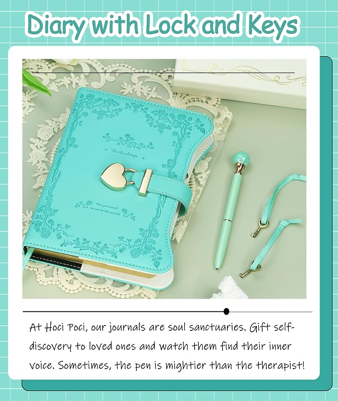 Hoci Poci Diary with Lock and Keys for Girls Gift Ideas, 360 Pages Journal | Elegant Gift Box for Teen Girls, B6 Gold Edged Pages Refillable Notebook with Pen and Bookmark for Writing, Garden Turquoise