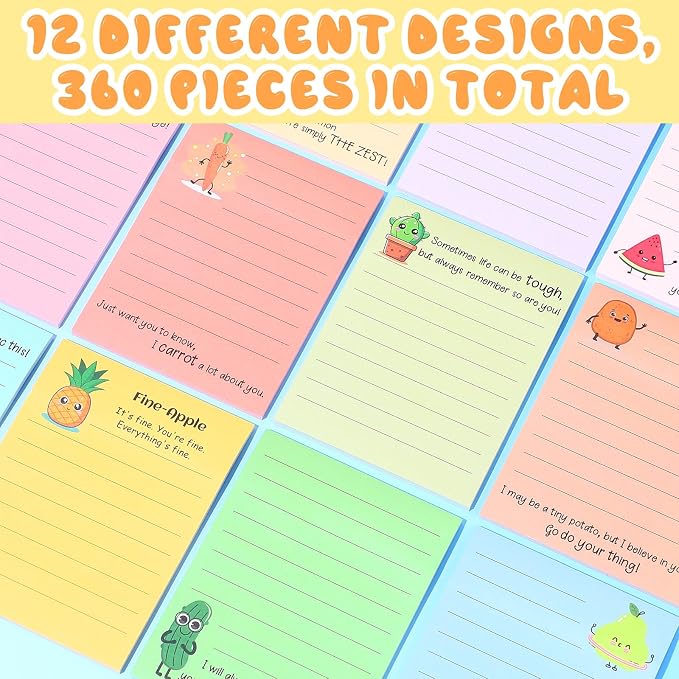 AmazingSpark 12 Pcs Cute Inspirational Sticky Notes, 4*3 Motivational Notepads Positive Emotional Support Gift Funny Lined Memo Note Pads for Office Desk Supplies Coworker Employee(Fruits,Vegetables)