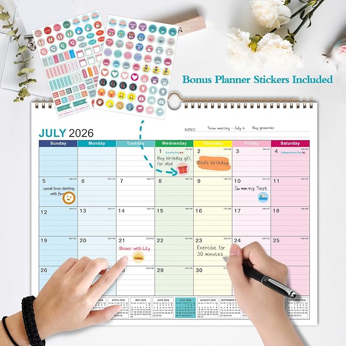 Wall Calendar 2026-2027, 18 Months Academic Calendar, July. 2026 - Dec 2027, 14'' × 11'', Monthly Wall Hanging Calendar with Thick Paper for Office Home (Colorful)