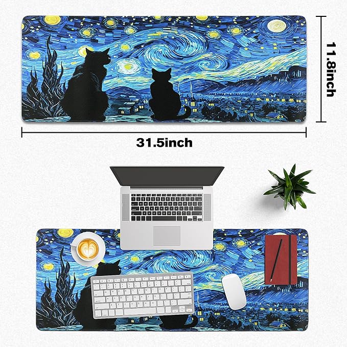 Mouse Pad Gaming - Desk Mat for Keyboard and Mouse - Van Gogh Starry Night Large Mouse Pads for Desk, Gaming Mousepad with Non-Slip Base, Desks Pad (31.5" X 11.8") for Game, Office and Home