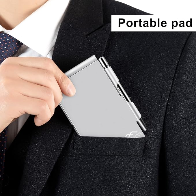 amassan Metal Pocket Notebook, Portable Small Pocket Notepad Aluminum Note Case with Mini Metal Pen and 60-Page Sheets (Pure Sliver)