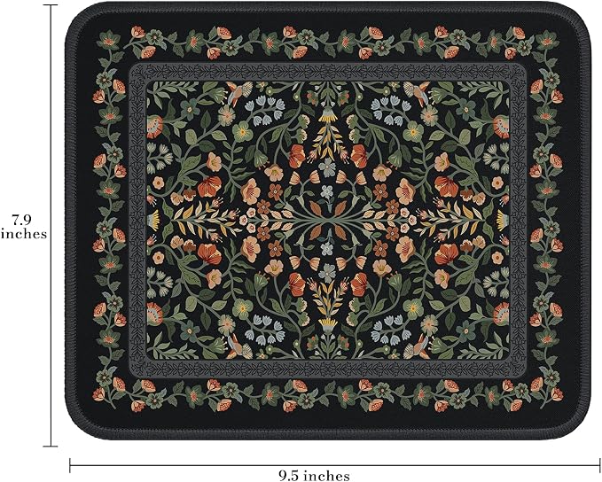 iCasso Aesthetic Small Floral Mouse Pad, Mini Portable Travel Mousepad, Anti-Slip and Comfortable Cloth Mouse Mat 7.9"x9.5" with Stitched Edges for Computer, Laptop, Office, Home(Black)