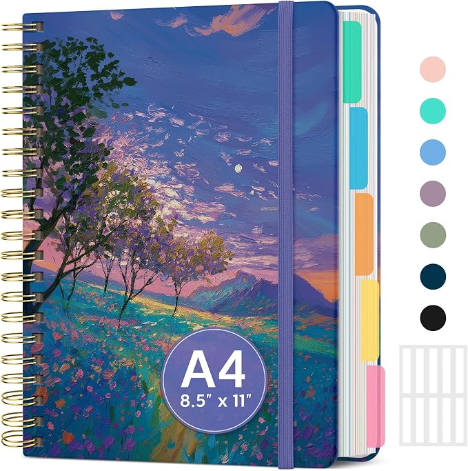Large Spiral Notebook with Dividers & Tabs, 8.5" x 11" Hardcover 5 Subject Notebook for Work, 280 pages, College Ruled, Cute Journal for Women, Perfect for Study & Office Note Taking, Astral Meadow