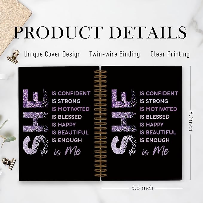 She Is Me Affirmations Spiral Notebook, Purple Black Inspirational Self Care Journal Notebook, Self Love Notebooks for School Work, Positive Office Supplies Gifts for Women Girls, 5.5x8.3 Inch
