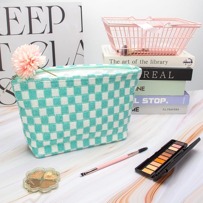 Checkered Makeup Bag for Purse, Small Flat Cosmetic Pouch,Arctic Blue | Cute Zipper Makeup Organizer for Women, Travel Essentials, Toiletries, Makeup Brushes, Beauty Accessories&Bridesmaid Gifts
