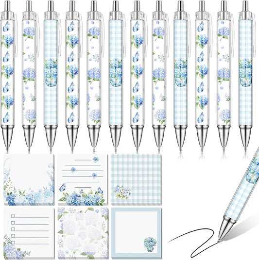 Sabary 18 Pcs Stationery Set, 12 Aesthetic Pens & 6 Sticky Notes, Valentines Gifts, Baby Shower Party, Cute Office School Supplies, Gifts for Women Students Nurses Teachers Coworker(Hydrangea)