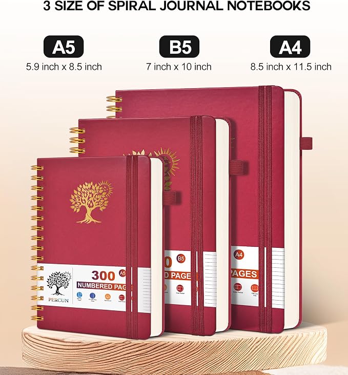 PERCUN Spiral Notebook 300 Numbered Lined Pages Hardcover Journal 8.5"x11" | College Ruled Spiral Bound Notebook with Tabs, A4 Large Leather Journal for Women Men, Work, School, Writing & Note Taking