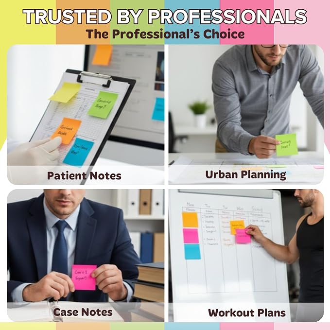 Sticky Notes 3x3 (12 Pads / 1200 Sheets) – 2026 Improved Adhesive, Very Very Sticky & Bright Neon Colors – Perfect for School, Office & Desk Supplies
