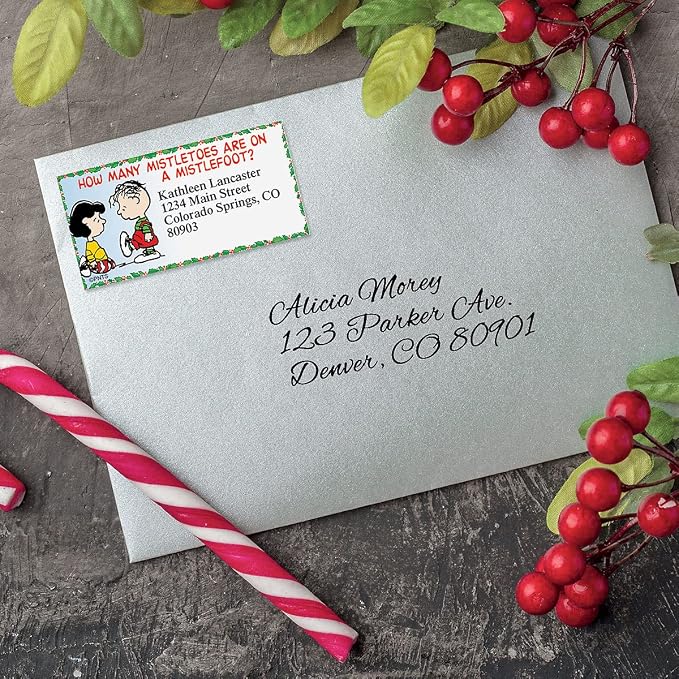 Colorful Images Christmas Capers Peanuts Return Address Mailing Labels, Personalize with Name & Shipping Address, Set of 144 Self Adhesive, Easy Peel Flat Sticker Label Sheets, Large, 8 Designs