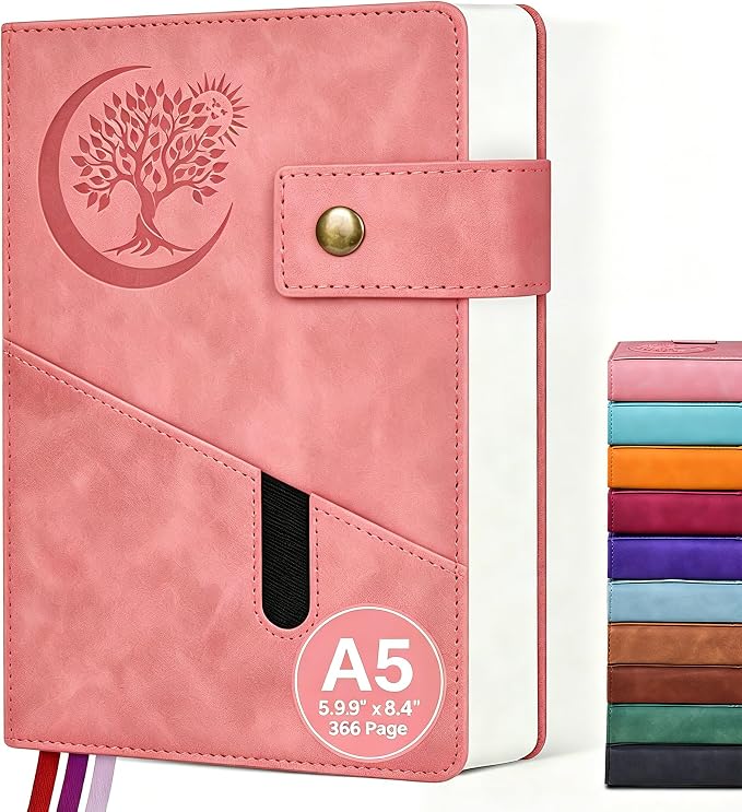 PAIBAS A5 Journal Notebook College Ruled 366 Page Leather Journal for Women | Medium notebook A5 journal with 100gsm lined notebook paper, 3 ribbon bookmarks, cover pocket & brass snap button 5.9"x8.4"