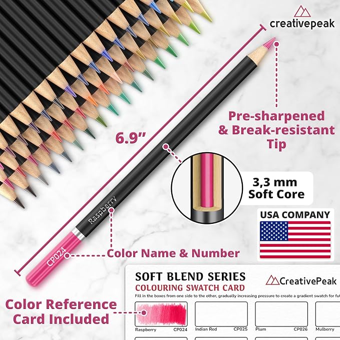 Creativepeak Premium Colored Pencils for Kids & Adults Coloring Books - 72 Vibrant Colors with Swatch Card - Professional Coloring Pencil Set with Soft Wax Cores & Zip-Up Travel Case