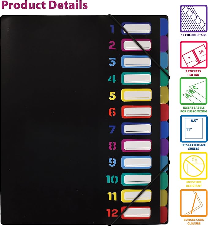 Better Office Products 24 Clear Pocket Expanding File Folder with 12 Colored Tabs, Letter Size, Holds 300 Sheets, Project File Organizer, Numbered Index on Cover,(1 Pack Black)
