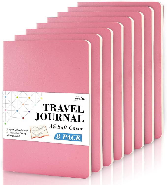 8 Pack Soft Cover Journal Bulk, Feela Notebooks College Ruled for Work, Lined Travel Journal for Women Men, Note Taking Notebook School Supplies Business Writing, 8.2” x 5.5”, A5, Pink