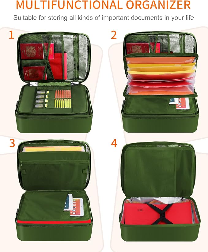 Noiposi Fireproof Document Box with Lock 5200℉ Water Resistant | Portable ,Home ,Travel Strong Document Storage Organizer with 7 pockets for Important Documents and File ,Green